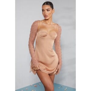 NWT Oh Polly‎ Geneva Satin Mini Dress Sz 2 Beaded Bolero Long Sleeve Bodycon Tan